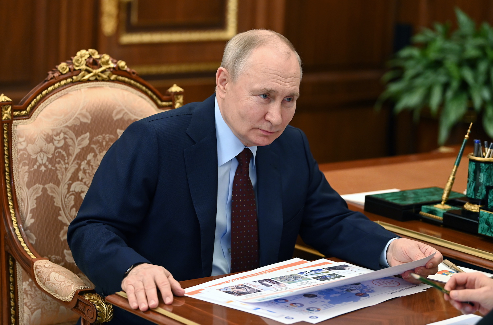 epa10800144 Russian President Vladimir Putin meets with Russian state nuclear corporation Rosatom CEO Alexey Likhachev (not pictured), in Moscow, Russia, 14 August 2023. Vladimir Putin at a meeting supported the idea of creating a large cluster of international nuclear education in Obninsk.  EPA/ALEXANDER KAZAKOV/SPUTNIK/KREMLIN POOL MANDATORY CREDIT