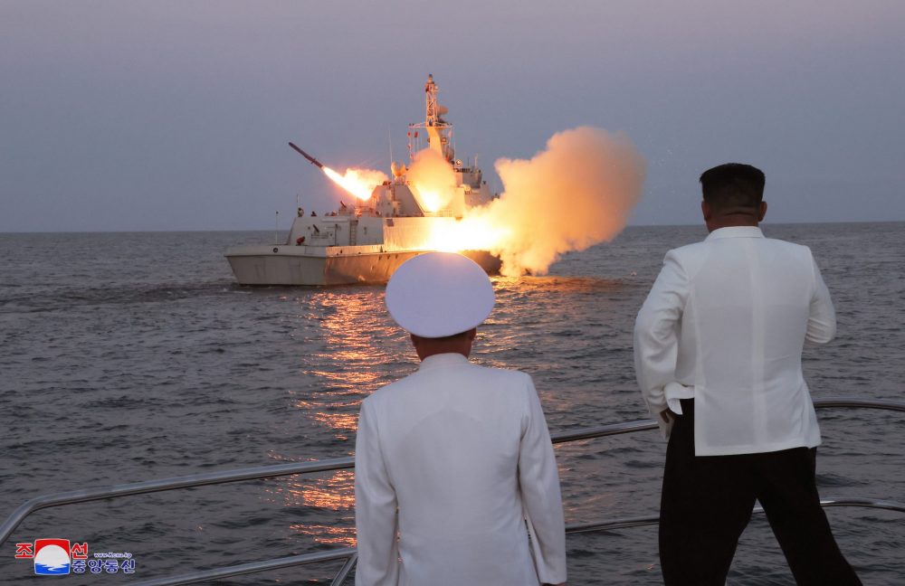 epa10811193 An undated photo released by the official North Korean Central News Agency (KCNA) on 21 August 2023 shows North Korean leader Kim Jong Un (R) inspecting a flotilla of the East Sea Fleet of the Navy of the Korean People's Army (KPA) in North Korea.  EPA/KCNA   EDITORIAL USE ONLY
