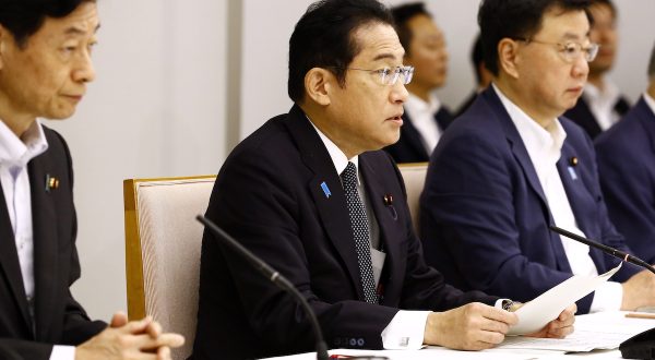 epa10812896 Japanese Prime Minister Fumio Kishida speaks during a meeting with representatives of the Inter-Ministerial Council for Contaminated Water, Treated Water and Decommissioning Issues and the Inter-Ministerial Council Concerning the Continuous Implementation of the Basic Policy on Handling of ALPS Treated Water, at the Prime Ministerâ€™s Office in Tokyo, Japan, 22 August 2023.  EPA/Rodrigo Reyes Marin / POOL