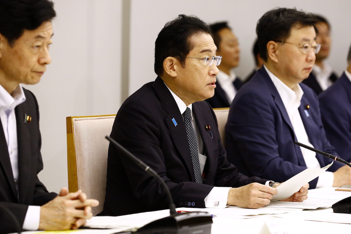epa10812896 Japanese Prime Minister Fumio Kishida speaks during a meeting with representatives of the Inter-Ministerial Council for Contaminated Water, Treated Water and Decommissioning Issues and the Inter-Ministerial Council Concerning the Continuous Implementation of the Basic Policy on Handling of ALPS Treated Water, at the Prime Ministerâ€™s Office in Tokyo, Japan, 22 August 2023.  EPA/Rodrigo Reyes Marin / POOL