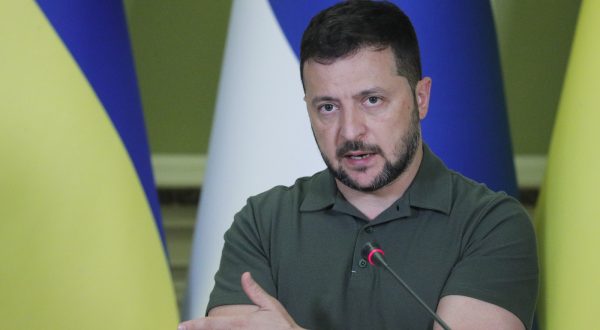 epa10815183 Ukrainian President Volodymyr Zelensky addresses a joint press conference with Finland's Prime Minister Petteri Orpo (not pictured) following their meeting in Kyiv, Ukraine, 23 August 2023. Orpo arrived in Kyiv to meet with Zelensky and top Ukrainian officials in support of the country amid the Russian invasion.  EPA/SERGEY DOLZHENKO