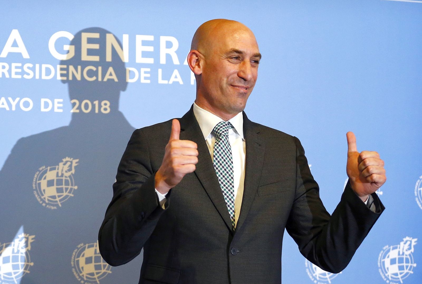 epa10818367 (FILE) The newly elected president of the Royal Spanish Soccer Federation (RFEF) Luis Rubiales reacts upon being elected in Madrid, Spain, 17 May 2018, re-issued 24 August 2024. Luis Rubiales will resign 25 August 2023 after kissing Spain's player Jenni Hermoso following their victory in the Women's World Cup 2023 final.  EPA/J. P. GANDUL