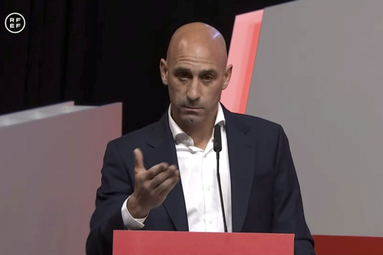 epa10819427 A handout photo taken from a video made available by the Spanish Royal Soccer Federation (RFEF) shows the federation's President Luis Rubiales during his statement at the RFEF headquarters in Madrid, Spain, 25 August 2023. Rubiales, who was expected to resign following criticism for the kiss he gave in the lips to Spain's player Jenni Hermoso during celebrations of their victory in the FIFA Women's World Cup final on 20 August 2023, announced he will not be resigning.  EPA/RFEF HANDOUT IMAGE TO BE USED ONLY IN RELATION TO THE STATED EVENT (MANDATORY CREDIT) HANDOUT EDITORIAL USE ONLY/NO SALES