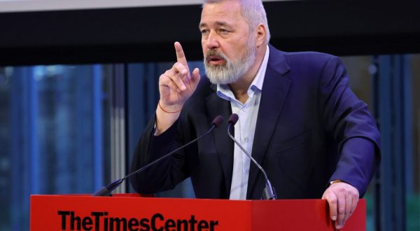 epa10834506 (FILE) - 2021 Nobel Peace Prize winner, Dmitry Muratov, editor-in-chief of the influential Russian newspaper Novaya Gazeta, addresses an audience present for the auction of his Nobel medal to benefit Ukrainian children, at The Times Center in New York, New York, USA, 20 June 2022. (reissued 01 September 2023). The Russian Ministry of Justice updated on 01 September its foreign agents list, adding, among others, Nobel laureate Muratov for ‘using foreign platforms to disseminate opinions aimed at forming a negative attitude towards Russian politics’. In March 2022, Novaya Gazeta had suspended its work due to warnings from the Roskomnadzor due to the lack of labeling of NPO-foreign agents. The editorial staff had started to produce a new information project in Europe.  EPA/JASON SZENES