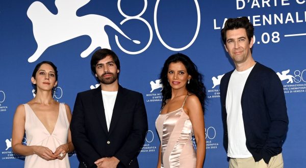 epa10835469 (L-R) Director Zahra Amir Ebrahimi, Ash Goldeh, Elham Erfani and director Guy Nattiv, pose at a photocall for 'Tatami' during the 80th annual Venice International Film Festival, in Venice, Italy, 02 September 2023. The movie is presented out competition  at the festival running from 30 August to 09 September 2023.  EPA/CLAUDIO ONORATI