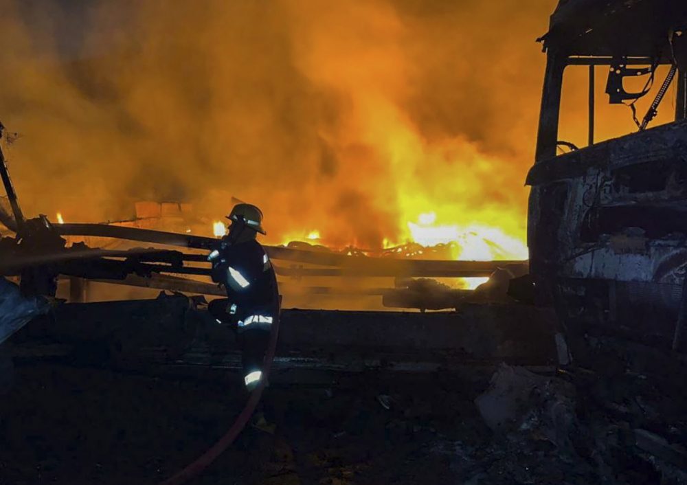 epa10838312 A handout picture made available by the Emergency Service of Ukraine shows rescuers working at the area where a shock drone hit the Danube River port infrastructure, Ukraine, 03 September 2023, amid the Russian invasion. Russian troops attacked Southern Ukraine with  25 shock drones and 22 of them were shot down, according to the Ukrainian Air Force. At least two people were injured.  EPA/Emergency Service of Ukraine HANDOUT 27050 HANDOUT EDITORIAL USE ONLY/NO SALES