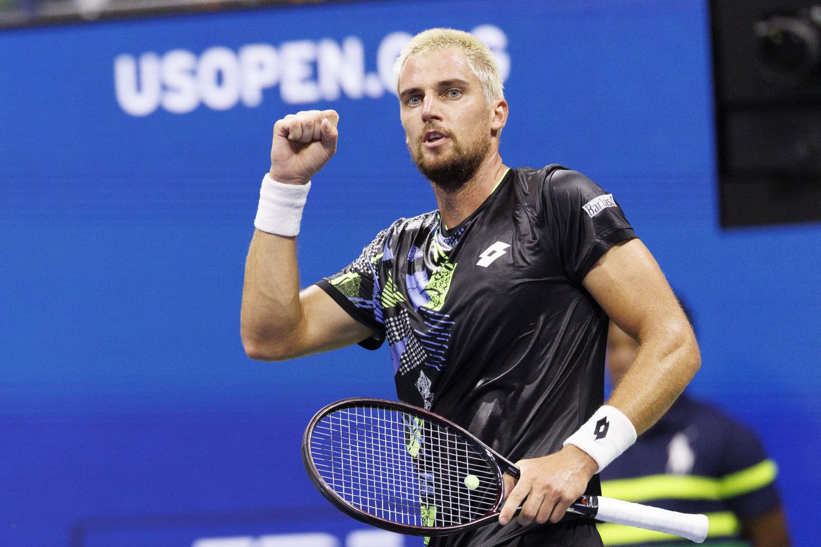 epa10838989 Borna Gojo of Croatia reacts to winning a point over Novak Djokovic of Serbia during their fourth round match at the US Open Tennis Championships at the USTA National Tennis Center in Flushing Meadows, New York, USA, 03 September 2023. The US Open runs from 28 August through 10 September.  EPA/CJ GUNTHER