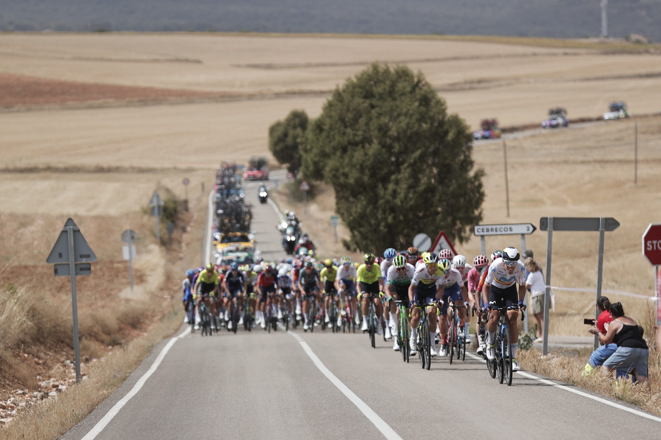 epa10844152 The pack of riders in action during the eleventh stage of the Vuelta a Espana, a 163.2 km cycling race from Lerma to La Laguna Negra Vinuesa, Spain, 06 September 2023.  EPA/Manuel Bruque