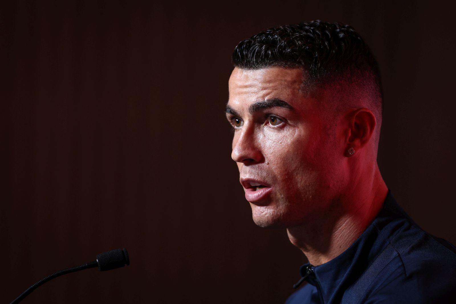 epa10844703 Portugal national team soccer player Cristiano Ronaldo attends a press conference during the preparations for the qualifying stage for the UEFA Euro 2024, in Oeiras, outskirts of Lisbon, Portugal, 06 September 2023. Portugal will play against Slovakia on 08 September and Luxembourg on 11 September in the UEFA EURO 2024 qualifiers.  EPA/RODRIGO ANTUNES