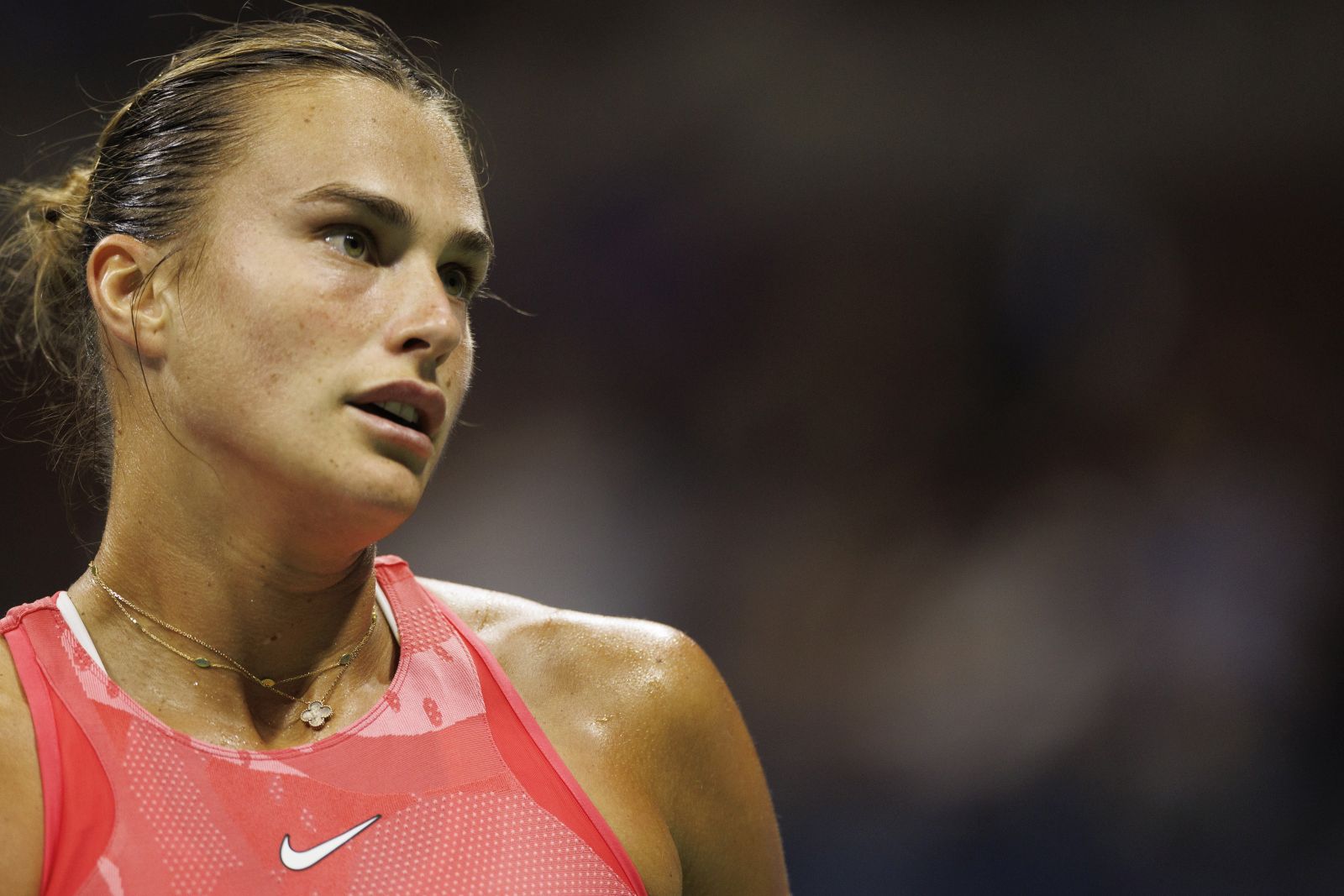 epa10847504 Aryna Sabalenka of Belarus reacts to losing a point to Madison Keys of the United States in their semifinal round match at the US Open Tennis Championships at the USTA National Tennis Center in Flushing Meadows, New York, USA, 07 September 2023. The US Open runs from 28 August through 10 September.  EPA/CJ GUNTHER