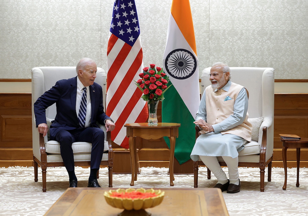 epa10848854 A handout photo made available by the Indian Press Information Bureau (PIB) shows Indian Prime Minister Narendra Modi meeting with US President Joe Biden (L) in New Delhi, India, 08 September 2023. Modi and Biden held bilateral talks as the Indian capital is all set for the G20 summit scheduled for 09 and 10 September.  EPA/PRESS INFORMATION BUREAU HANDOUT  HANDOUT EDITORIAL USE ONLY/NO SALES