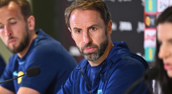 epa10849032 English national soccer team head coach Gareth Southgate (C-R) and his player Harry Kane (C-L) attends a press conference in Wroclaw, Poland 08 September 2023. England will face Ukraine in the UEFA EURO 2024 qualifying match on 09 September in Wroclaw.  EPA/Maciej Kulczynski POLAND OUT