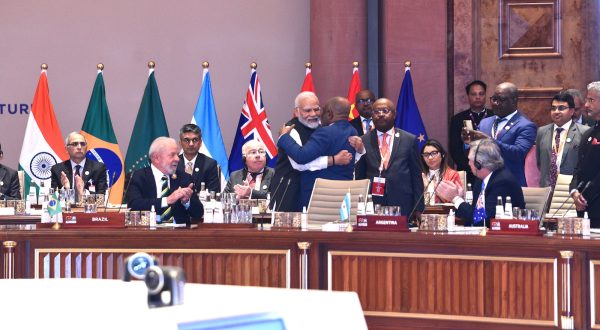 epa10849946 A handout photo made available by the Ministry of External Affairs (MEA) of India shows Indian Prime Minister Narendra Modi (C-L) embracing President of the Union of Comoros and Chairperson of the African Union Azali Assoumani (C-R) during the G20 Summit at ITPO Convention Centre Pragati Maidan in New Delhi, India, 09 September 2023. The G20 Heads of State and Government summit takes place in the Indian capital on 09 and 10 September.  EPA/INDIAN MINISTRY OF EXTERNAL AFFAIRS / HANDOUT  HANDOUT EDITORIAL USE ONLY/NO SALES