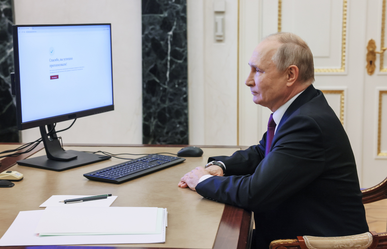 epa10850549 Russian President Vladimir Putin votes online during the Moscow mayoral election at the Kremlin in Moscow, Russia, 09 September 2023. Over 4,000 election campaigns take place on a 'Single voting day' in 85 regions of the Russian Federation. More than 81,000 candidates will take part in the elections. As a result, about 34 thousand mandates and elected positions will be replaced. Muscovites will elect the Mayor, at the same time, elections of deputies in 13 municipalities will be held in the capital. The Single Voting Day take place from 08 to 10 September 2023.  EPA/MIKHAIL METZEL / SPUTNIK / KREMLIN POOL MANDATORY CREDIT
