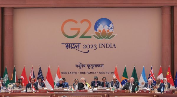 epa10852060 A handout photo made available by the Indian Press Information Bureau (PIB) shows a general view of world leaders attending the closing session of the G20 Summit at the ITPO Convention Centre Pragati Maidan in New Delhi, India, 10 September 2023. The G20 Heads of State and Government summit took place in the Indian capital on 09 and 10 September, where the participants earlier paid tribute at the Mahatama Gandhi memorial on the second and last day of the summit.  EPA/INDIA PRESS INFORMATION BUREAU  HANDOUT EDITORIAL USE ONLY/NO SALES