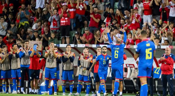 epa10857096 Andorra's defender Ildefons Lima celebrates the end of his career during the UEFA Euro 2024 qualifying group I soccer match between Switzerland and Andorra, in Sion, Switzerland, 12 September 2023.  EPA/JEAN-CHRISTOPHE BOTT