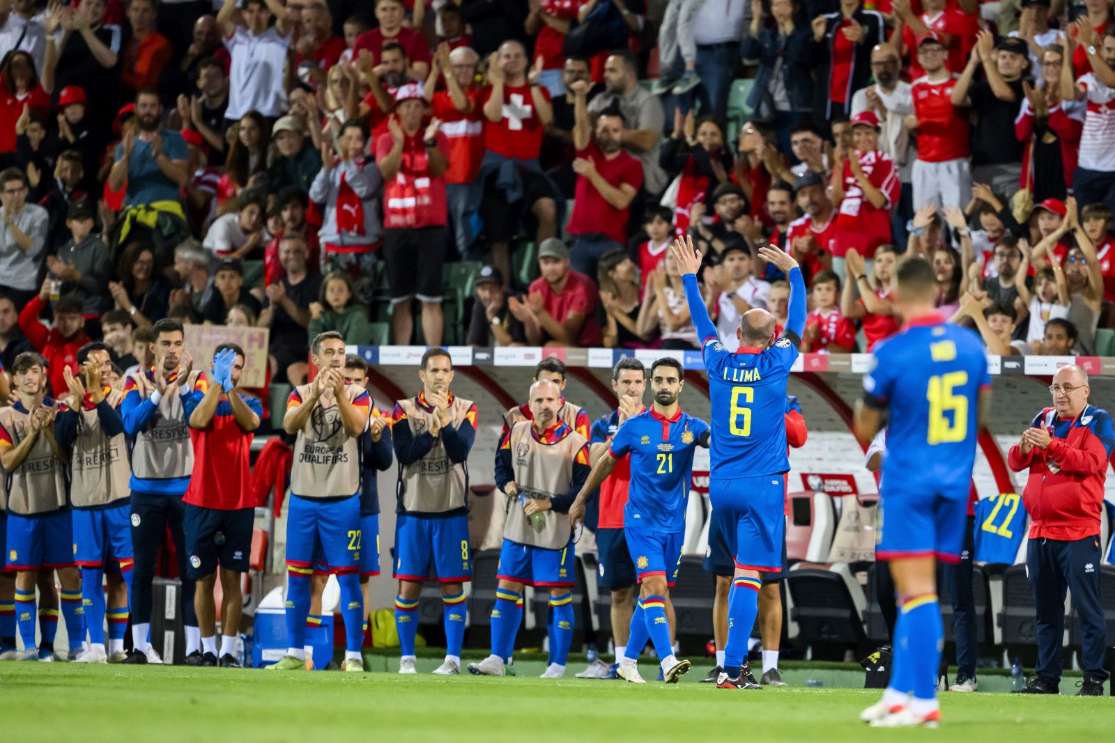 epa10857096 Andorra's defender Ildefons Lima celebrates the end of his career during the UEFA Euro 2024 qualifying group I soccer match between Switzerland and Andorra, in Sion, Switzerland, 12 September 2023.  EPA/JEAN-CHRISTOPHE BOTT