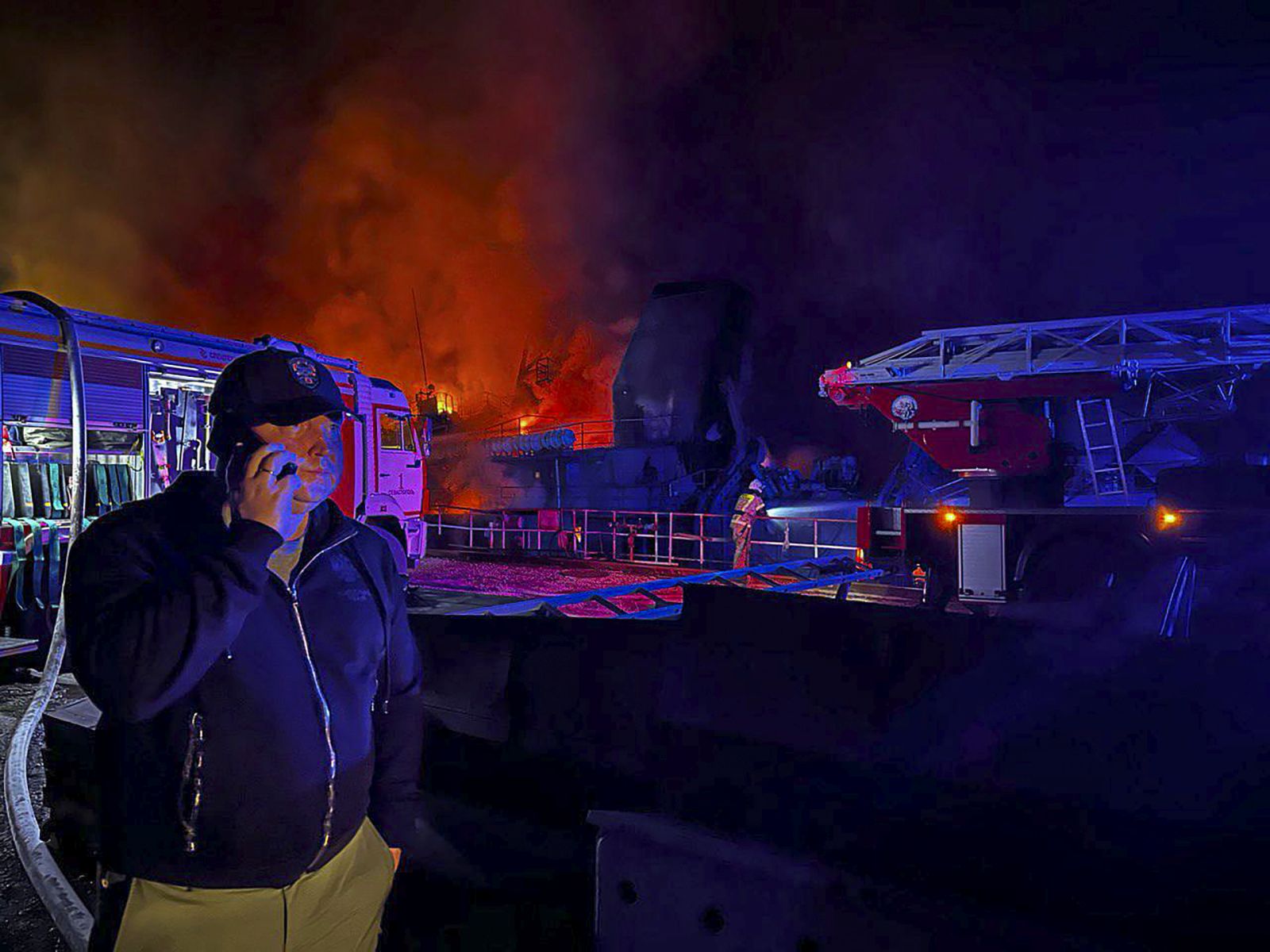 epa10858001 A handout picture made available by the Governor of Sevastopol Mikhail Razvozhaev's telegram channel shows Mikhail Razvozhaev speaking on the phone at the scene of a missile attack on the Sevastopol Shipyard in Crimea, 13 September 2023. At least 24 people were injured, the governor said. According to the Russian Defense Ministry, the Ukrainian Armed Forces launched a strike with ten cruise missiles at the ship repair plant named after. S. Ordzhonikidze in the city of Sevastopol and three unmanned boats from a detachment of ships of the Black Sea Fleet. Air defense systems shot down seven cruise missiles, while two Russian patrol ships were damaged.  EPA/GOVERNOR OF SEVASTOPOL MIKHAIL RAZVOZHAEV HANDOUT HANDOUT EDITORIAL USE ONLY/NO SALES HANDOUT EDITORIAL USE ONLY/NO SALES