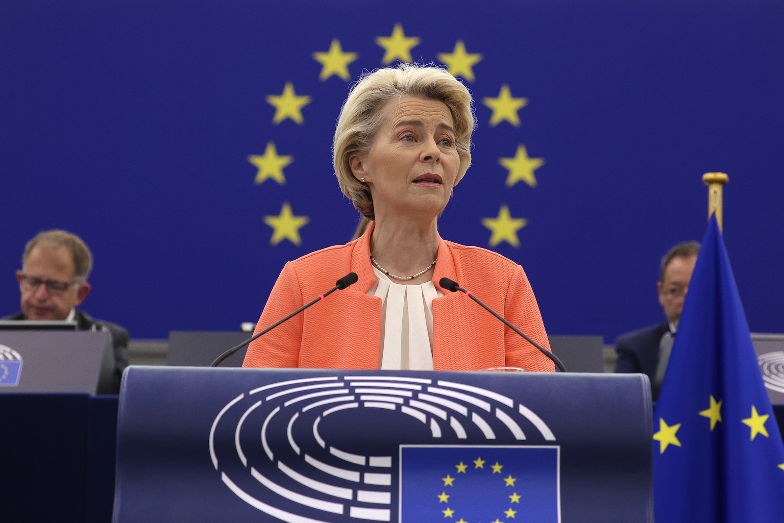 epa10858057 European Commission President Ursula von der Leyen during the debate on the â€˜state of the European Unionâ€™ at the European Parliament in Strasbourg, France, 13 September 2023. The session runs from 11 till 14 September.  EPA/JULIEN WARNAND