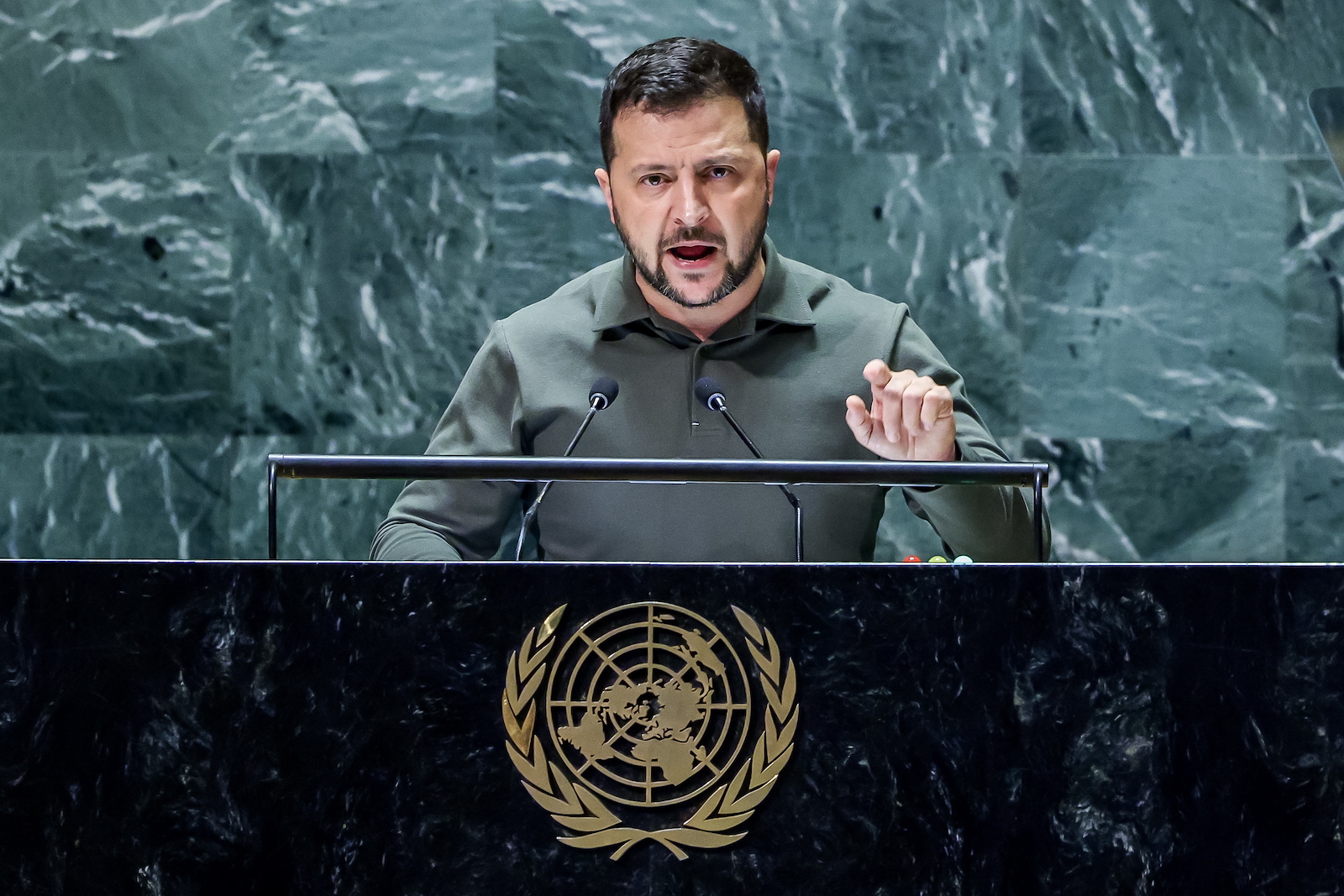 epa10870096 President of Ukraine Volodymyr Zelensky speaks during the 78th session of the United Nations General Assembly at the United Nations Headquarters in New York, New York, USA, 19 September 2023.  EPA/JUSTIN LANE