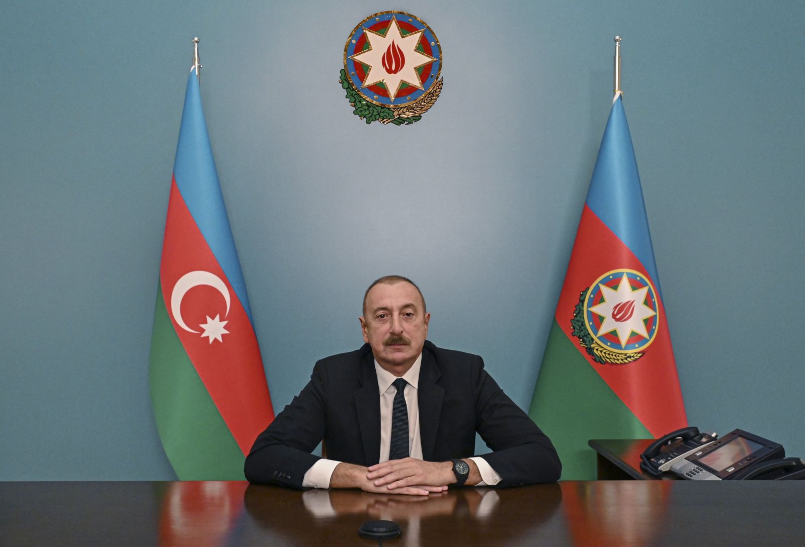 epaselect epa10872735 Azerbaijani President Ilham Aliyev delivers his speech to Azeri people following the Azeri military operation in Nagorno-Karabakh, in Baku, Azerbaijan, 20 September 2023. Aliyev said that as a result of ‘local anti-terrorist measures’ in the Karabakh region of the country, Azerbaijan has restored its sovereignty. The President of Azerbaijan added that ‘a significant part of the army, which was illegally stationed by the Armenian state on Azerbaijani territories and had not yet been withdrawn despite the obligations of Armenia, was destroyed’ along with military equipment.  EPA/ROMAN ISMAYILOV