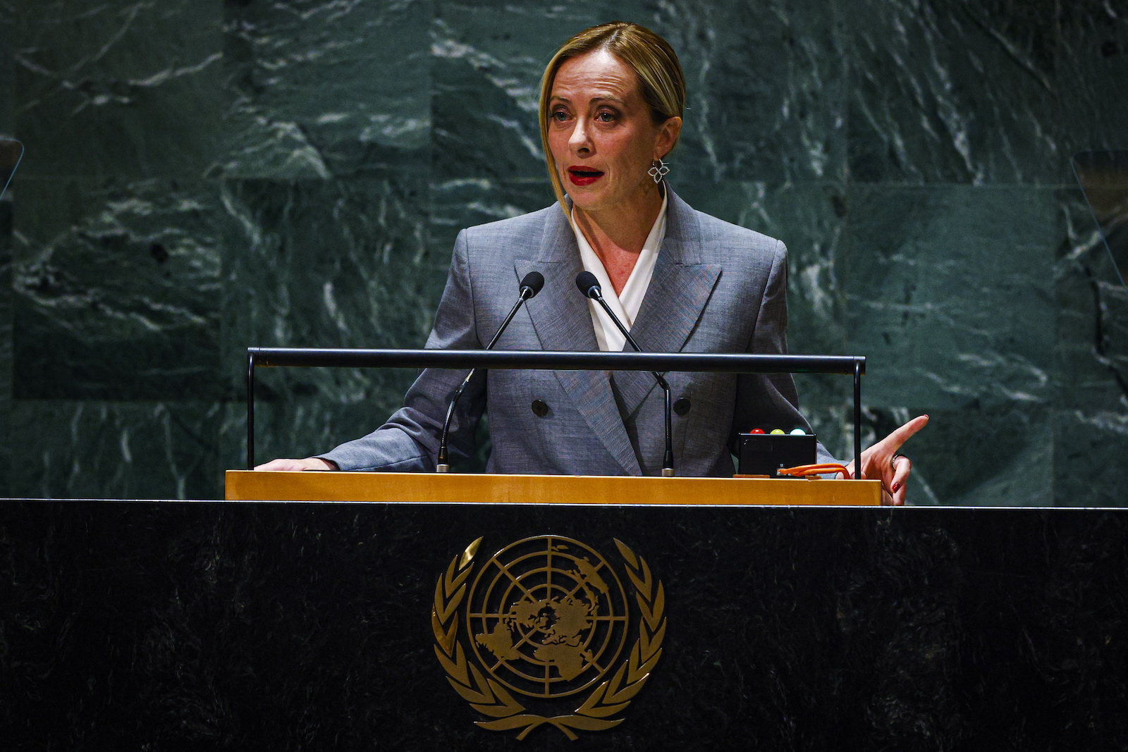 epa10873375 Prime Minister of Italy Giorgia Meloni speaks during the 78th session of the United Nations General Assembly at the United Nations Headquarters in New York, New York, USA, 20 September 2023.  EPA/MIGUEL RODRIGUEZ
