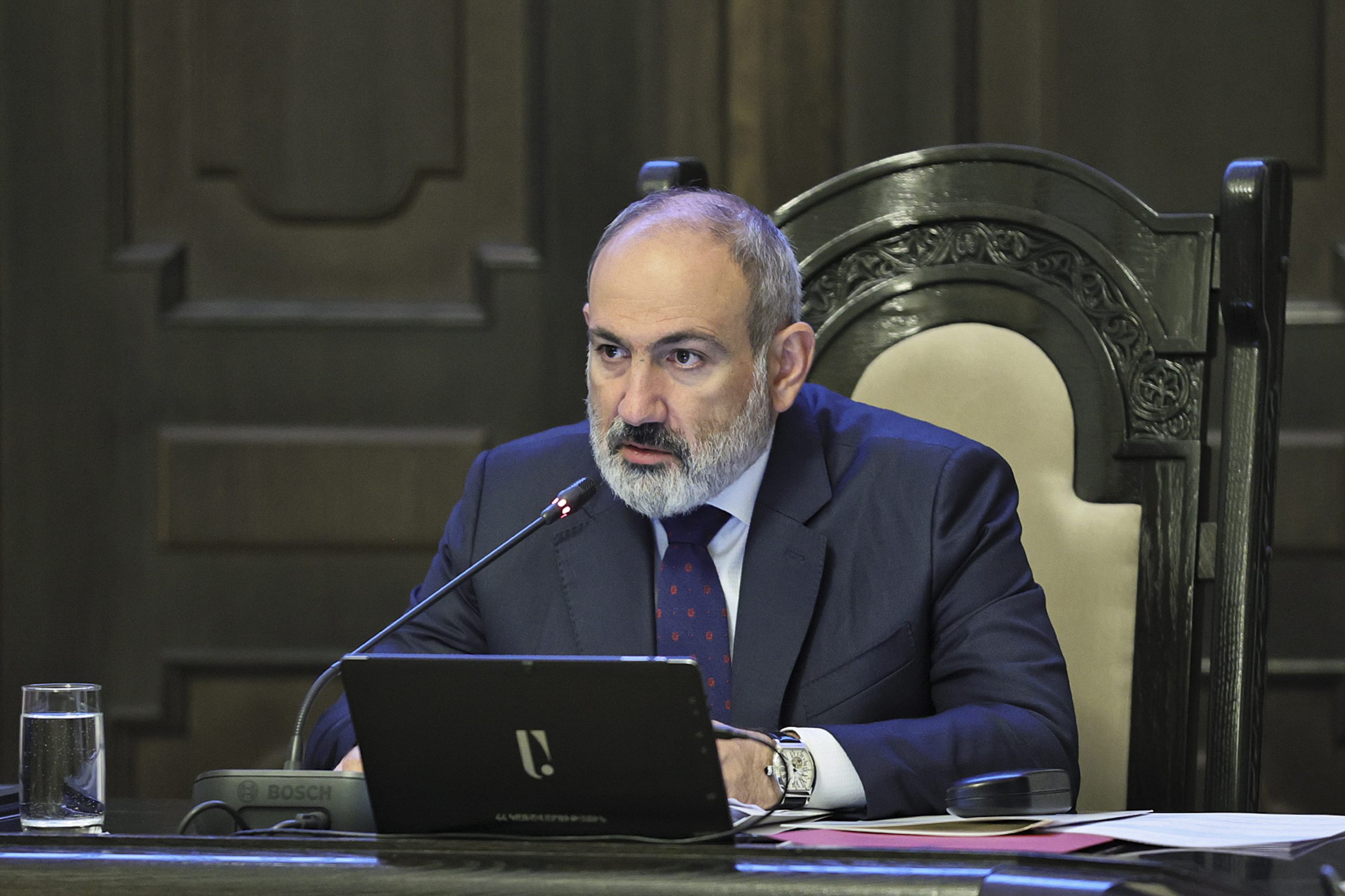 epa10876237 A handout picture made available by the Armenian Government press service shows Armenian Prime Minister Nikol Pashinyan delivering his speech during the Armenian Government meeting in Yerevan, Armenia, 22 September 2023. Pashinyan said that there are hopes for positive progress in the situation in Nagorno-Karabakh and the emerging opportunity for local residents to return to their homes, but for now the situation continues to remain extremely tense. On 21 September, representatives of Armenian residents in the Karabakh region and Azerbaijani authorities held a meeting in Yevlakh at the invitation of Azerbaijan's Presidential Administration to discuss reintegration issues based on the Azeri Constitution and its laws, Azerbaijan state media said. The meeting followed the Azerbaijan government's announcement that a ceasefire was agreed with separatists in Nagorno-Karabakh on 20 September, after a 24-hour military offensive to take control of the enclave.  EPA/ARMENIAN GOVERMENT PRESS SERVICE/HANDOUT HANDOUT EDITORIAL USE ONLY/NO SALES HANDOUT EDITORIAL USE ONLY/NO SALES