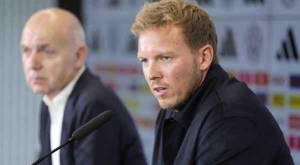 epa10876434 The new German national soccer team's head coach Julian Nagelsmann attends a press conference in Frankfurt am Main, Germany, 22 September 2023. Julian Nagelsmann will take over as head coach of the German national soccer team until the end of the UEFA Euro 2024, the German Football Association (DFB) confirmed.  EPA/RONALD WITTEK