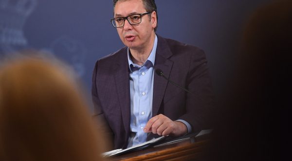 epa10881526 A handout photo made available by the Serbian Presidency shows Serbian President Aleksandar Vucic speaks during a press conference in Belgrade, 24 September 2023. A Kosovo Albanian police officer was killed on 24 September by at least 30 gunmen who later stormed the XIV century Serbian Orthodox Banjska monastery in Kosovo near the border with Serbia, starting a gunfight with Kosovo police that have left three assailants dead. Kosovo Prime Minister Albin Kurti blamed Serbia for the disturbance, while Serbian President Vucic denied, claiming that neither Serbian military nor police have anything to do with the situation. The incident comes at a fragile moment in the Kosovo - Serbia European Union-facilitated.  EPA/DIMITRIJE GOLL / SERBIAN PRESIDENCY / HANDOUT  HANDOUT EDITORIAL USE ONLY/NO SALES