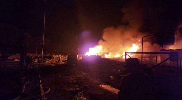 epa10884401 A handout photo made available by Artsakh / Nagorno-Karabakh Human Rights Ombudsman shows firefighters on the site of the fire after an explosion of the petrol warehouse near the Stepanakert-Askera highway in Stepanakert, Nagorno-Karabakh, 25 September 2023 (issued 26 September 2023). According to the Ombudsman of the unrecognized Nagorno-Karabakh Republic (NKR) Gegham Stepanyan, more than 200 people were injured in the explosion. He noted that the region's medical capabilities are not enough to provide assistance.  EPA/ARTSAKH / NAGORNO-KARABAKH HUMAN RIGHTS OMBUDSMAN HANDOUT  HANDOUT EDITORIAL USE ONLY/NO SALES
