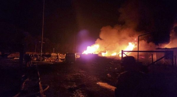 epa10884401 A handout photo made available by Artsakh / Nagorno-Karabakh Human Rights Ombudsman shows firefighters on the site of the fire after an explosion of the petrol warehouse near the Stepanakert-Askera highway in Stepanakert, Nagorno-Karabakh, 25 September 2023 (issued 26 September 2023). According to the Ombudsman of the unrecognized Nagorno-Karabakh Republic (NKR) Gegham Stepanyan, more than 200 people were injured in the explosion. He noted that the region's medical capabilities are not enough to provide assistance.  EPA/ARTSAKH / NAGORNO-KARABAKH HUMAN RIGHTS OMBUDSMAN HANDOUT  HANDOUT EDITORIAL USE ONLY/NO SALES