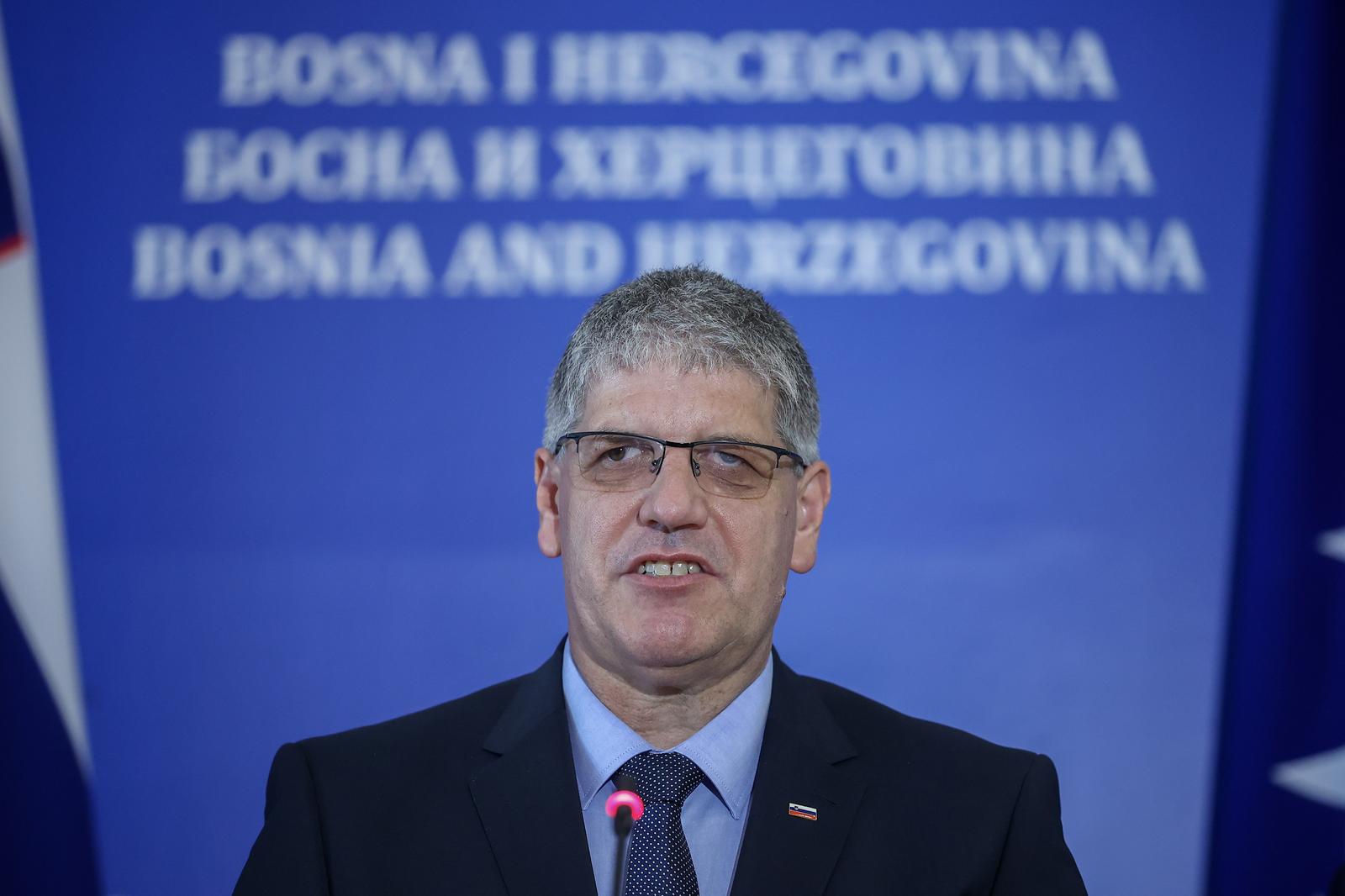 02.06.2023., Sarajevo, Bosna i Hercegovina - Konferencija za medije ministra unutrasnjih poslova Republike Slovenije  Bostjana Poklukara i Ministarstva sigurnosti BiH Nenada Nesica nakon sastanka. Photo: Armin Durgut/PIXSELL