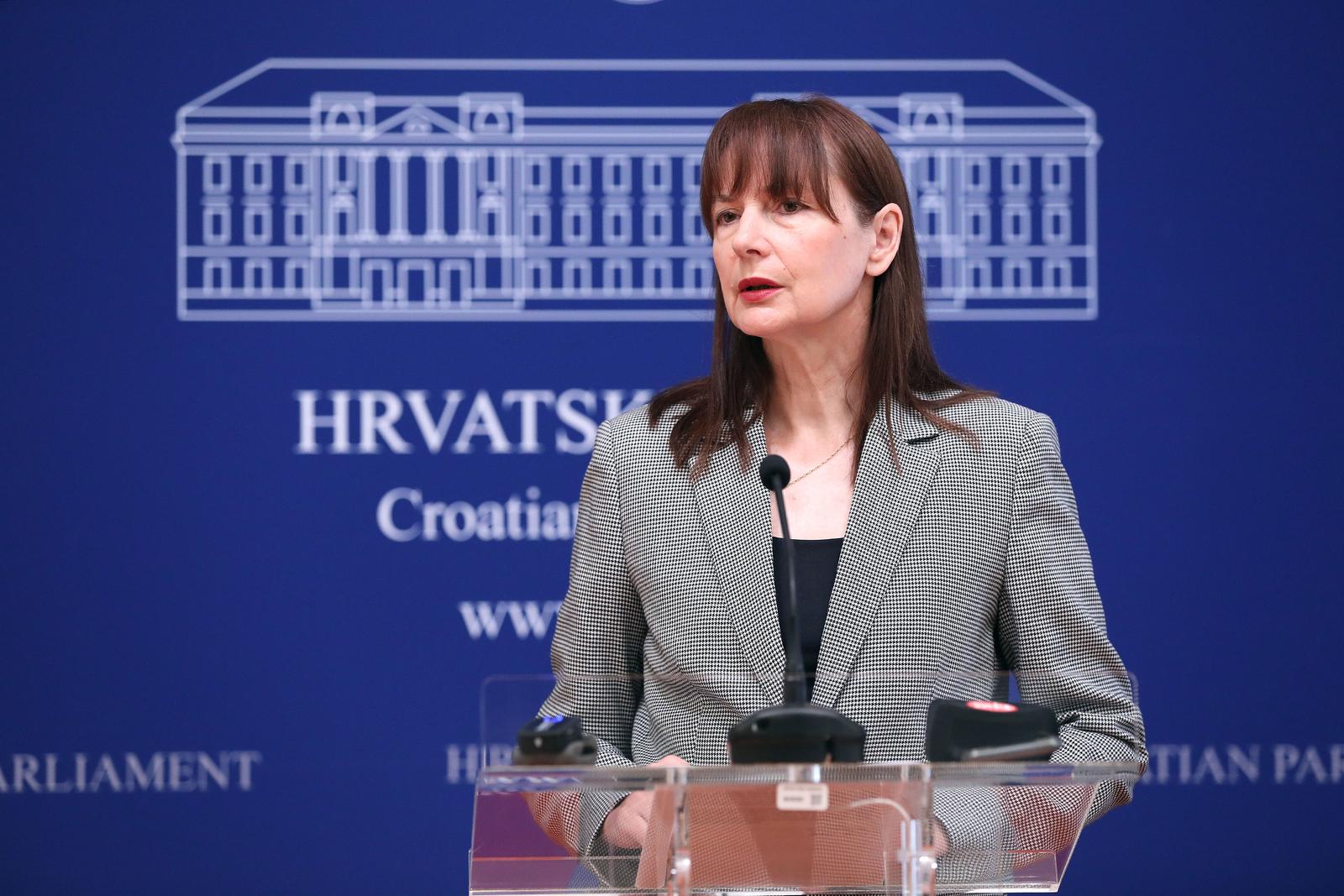 07.06.2023., Zagreb - Na konferenciji za medije odrzanoj u Saboru o temi „Zakonski okvir posvojenja iz tzv. trecih drzava“ govorila je Vesna Vucemilovic. Photo: Patrik Macek/PIXSELL