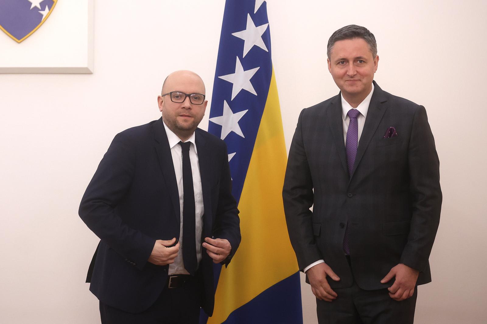 08.03.2023., Sarajevo, Bosna i Hercegovina - Clan Predsjednistva BiH Denis Becirovic primio je specijalnog izaslanika Savezne Republike Njemacke za Zapadni Balkan Manuela Sarrazina. Photo: Armin Durgut/PIXSELL