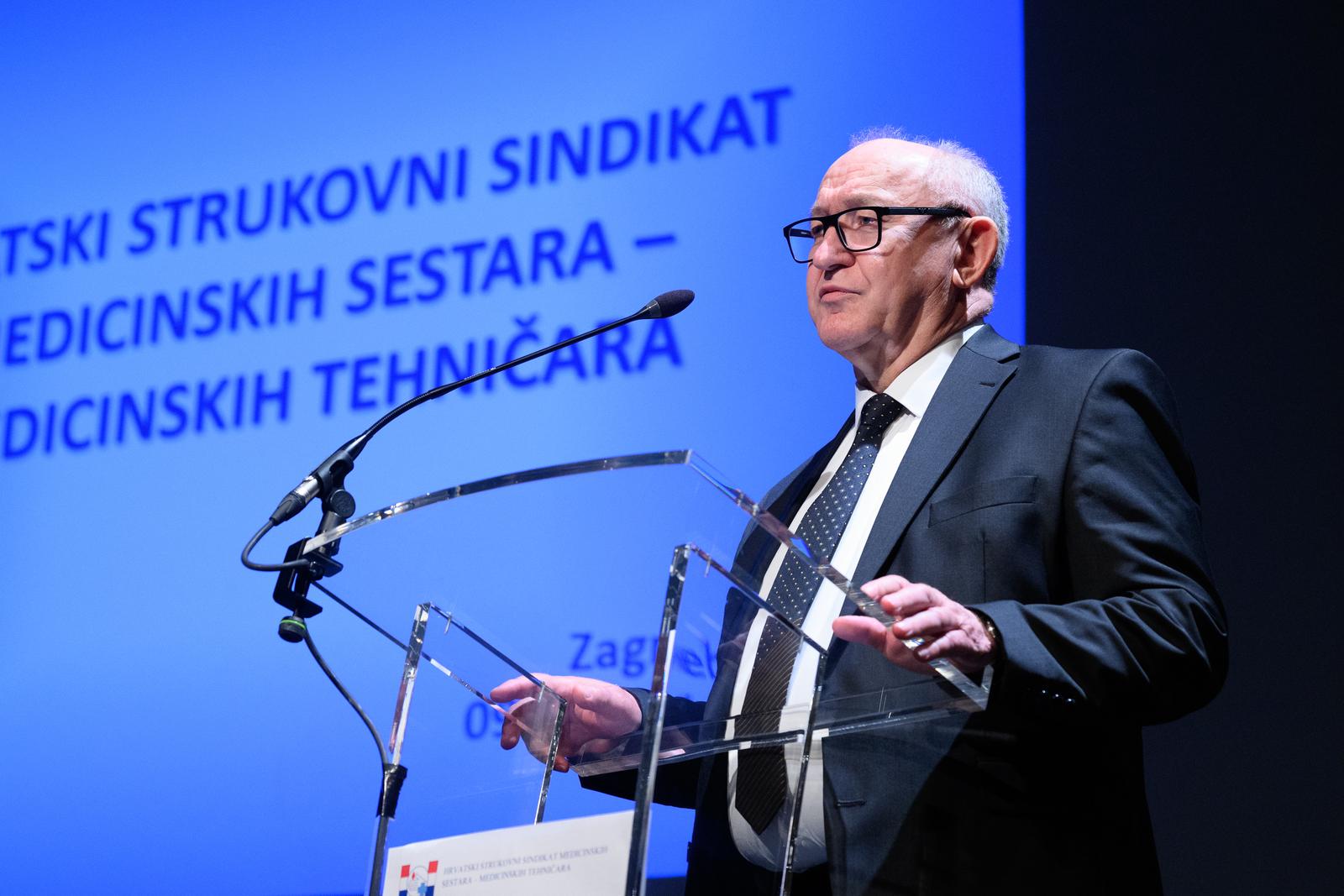 09.05.2023., Zagreb - Nastavno na prosvjedne skupove ispred zdravstvenih ustanova, Hrvatski strukovni sindikat medicinskih sestara - medicinskih tehnicara i Samostalni sindikat zdravstva i socijalne skrbi Hrvatske odrzao je konferenciju za medije u Maloj dvorani KD Vatroslav Lisinski. Stjepan Topolnjak, predsjednik Samostalnog sindikata zdravstva i socijalne skrbi Hrvatske.
 Photo: Davor Puklavec/PIXSELL