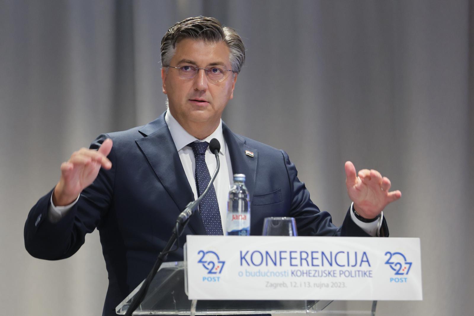 12.09.2023., Zagreb - Konferencija o buducnosti kohezijske politike nakon 2027. godine. Predsjednik Vlade Republike Hrvatske Andrej Plenkovic.  Photo: Luka Stanzl/PIXSELL