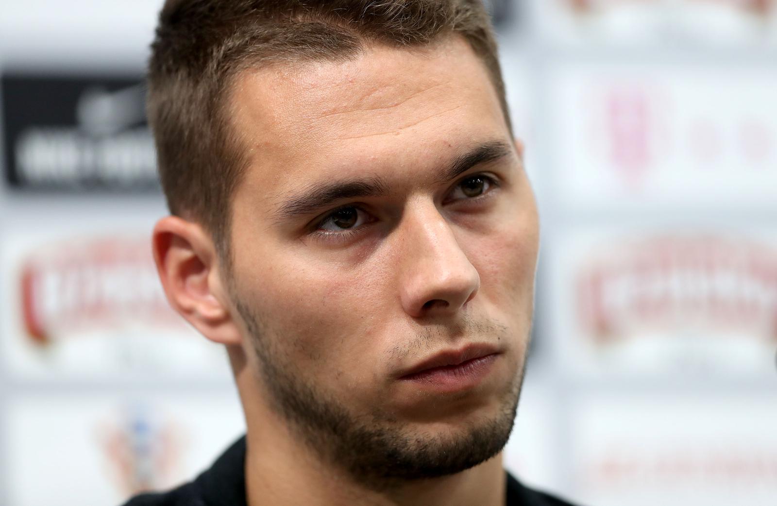 14.06.2018., Rusija, Roscino - Svjetsko nogometno prvenstvo u Rusiji 2018. Hrvatski nogometni reprezentativci Ivan Rakitic i Marko Pjaca odrzali su konferenciju za medije na stadionu Arena Roscino. "nPhoto: Igor Kralj/PIXSELL"n