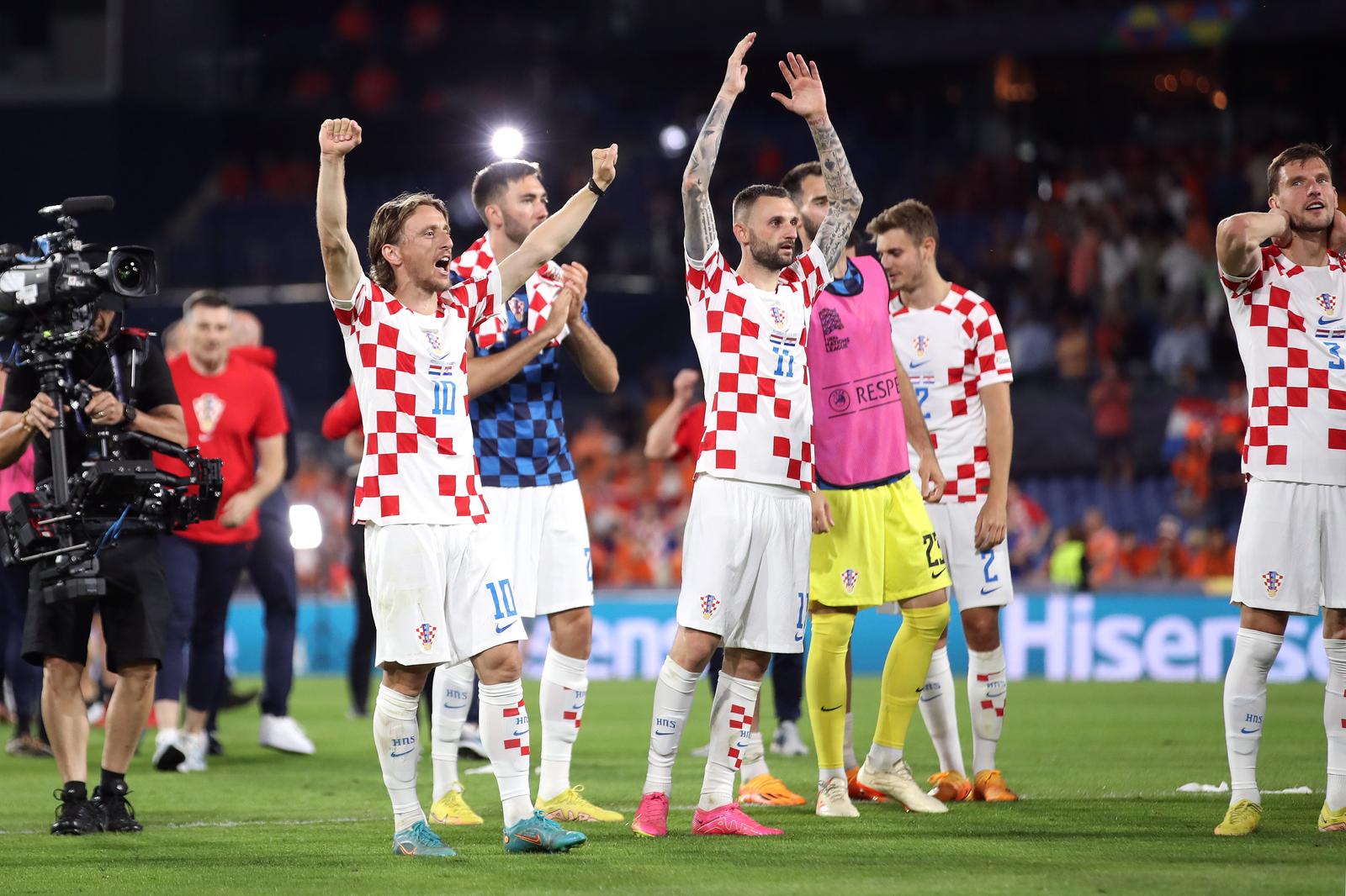 14.06.2023., stadion Feyenoord "De Kuip", Rotterdam, Nizozemska - UEFA Liga Nacija, polufinale, Nizozemska - Hrvatska. Luka Modric, Marcelo Brozovic, Borna Barisic Photo: Luka Stanzl/PIXSELL