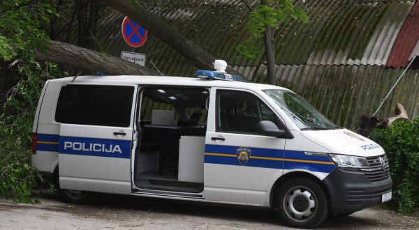 16.05.2023., Sibenik - Jak vjetar srusio veliko drvo i razbio policijski kombi. Photo: Hrvoje Jelavic/PIXSELL