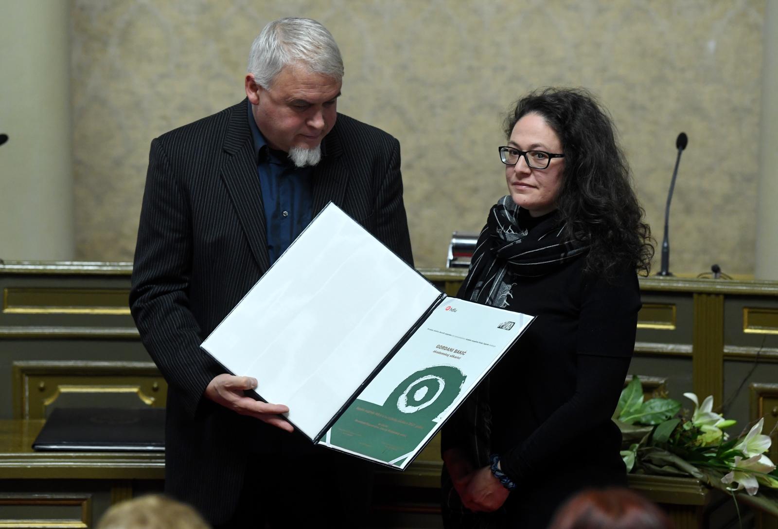 19.12.2017., Zagreb - U Gradskoj skupstini odrzala se dodjela nagrada HDLU-a. Josip Zanki, Gordana Bakic. rPhoto: Marko Lukunic/PIXSELL