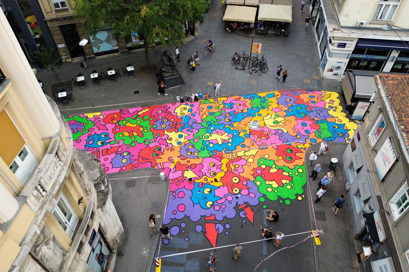 18.09.2023., Zagreb - Zracna fotografija oslikanog raskrizja Masarykove i Preradoviceve, koje je djelo Slavena Kosanovica Lunara.  Photo: Luka Stanzl/PIXSELL