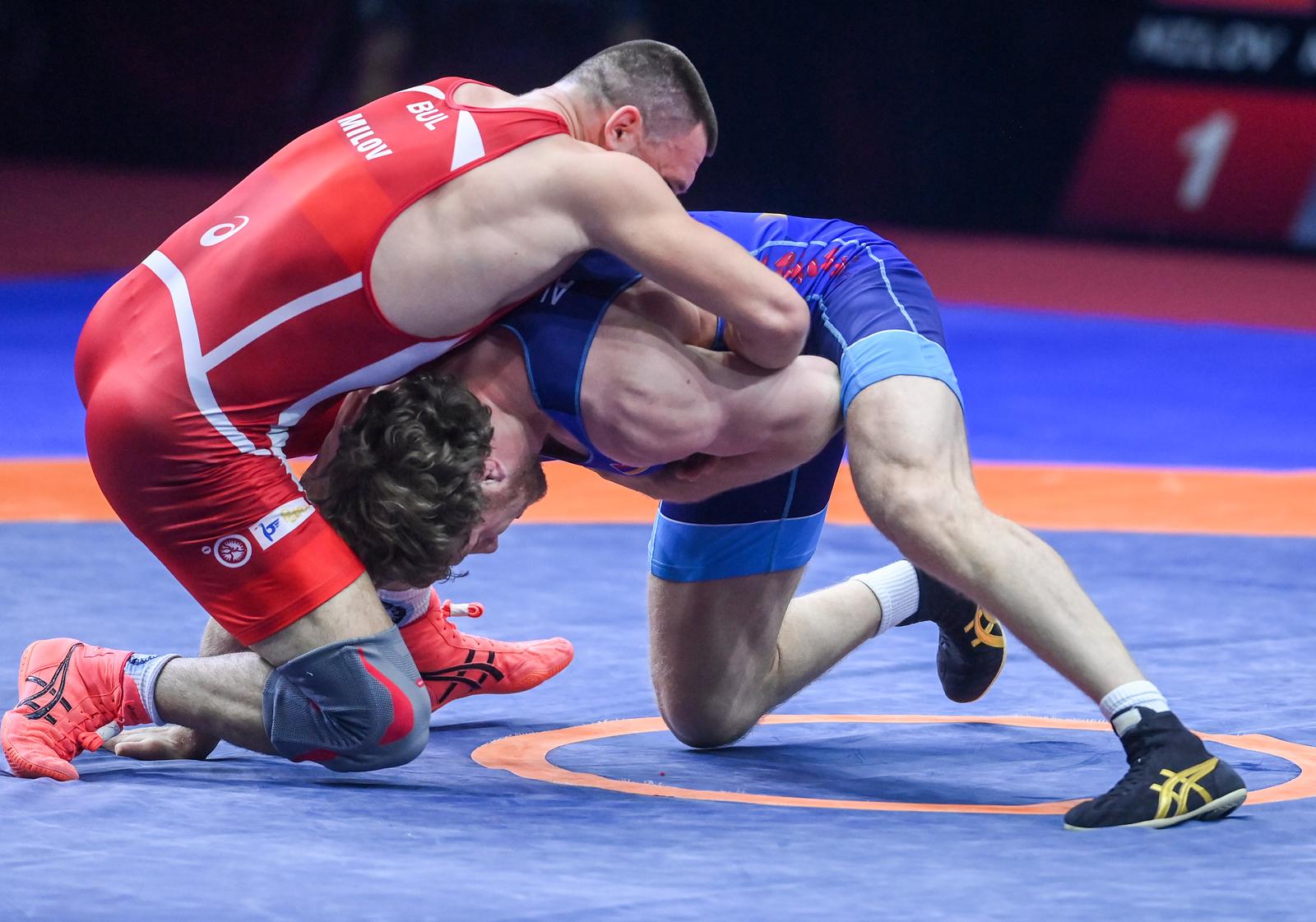 23.04.2023., Arena, Zagreb - Europsko prvenstvo u hrvanju.Finale u grcko rimskom stilu u kategoriji od 97 kg.Kiril Milenov MILOV(BUL)-Artur ALEKSANYAN(ARM). Photo: Igor Soban/PIXSELL