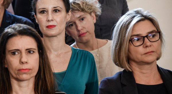 23.07.2023., Zagreb - Treci dan izvanredne sjednica Sabora. Oporbeni zastupnici dali su izjavu u Saboru nakon glasovanja. Katarina Peovic, Dalija Oreskovic, Ivana Kekin, Sandra Bencic Photo: Josip Regovic/PIXSELL