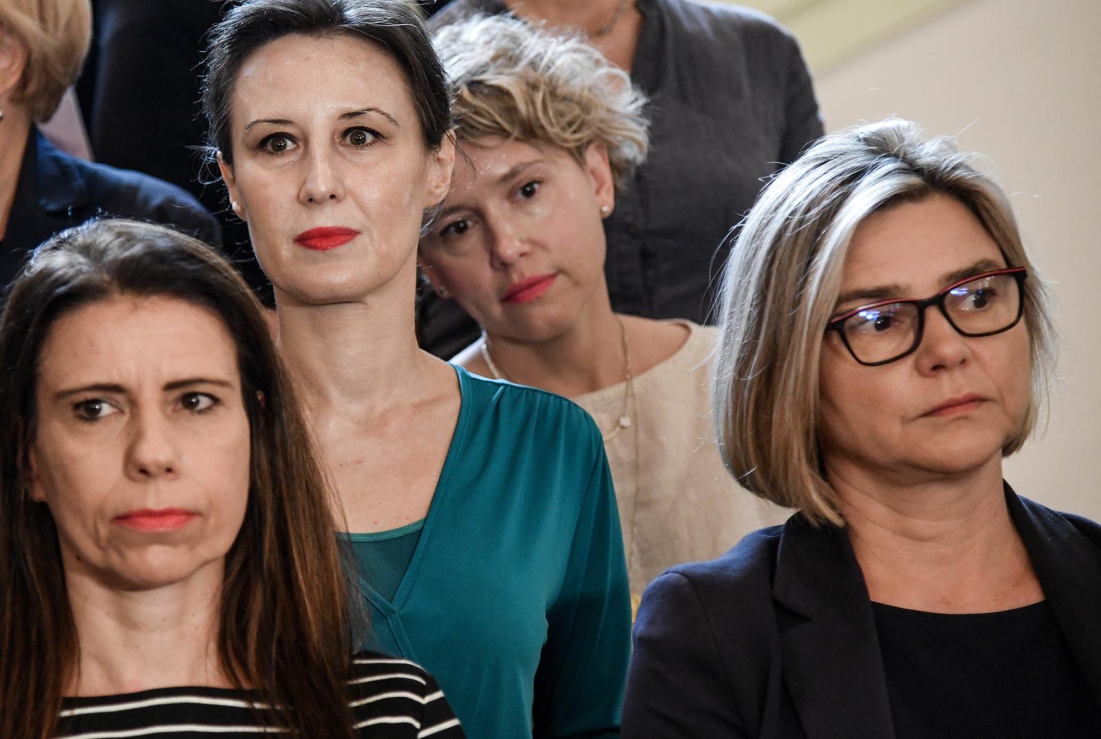 23.07.2023., Zagreb - Treci dan izvanredne sjednica Sabora. Oporbeni zastupnici dali su izjavu u Saboru nakon glasovanja. Katarina Peovic, Dalija Oreskovic, Ivana Kekin, Sandra Bencic Photo: Josip Regovic/PIXSELL