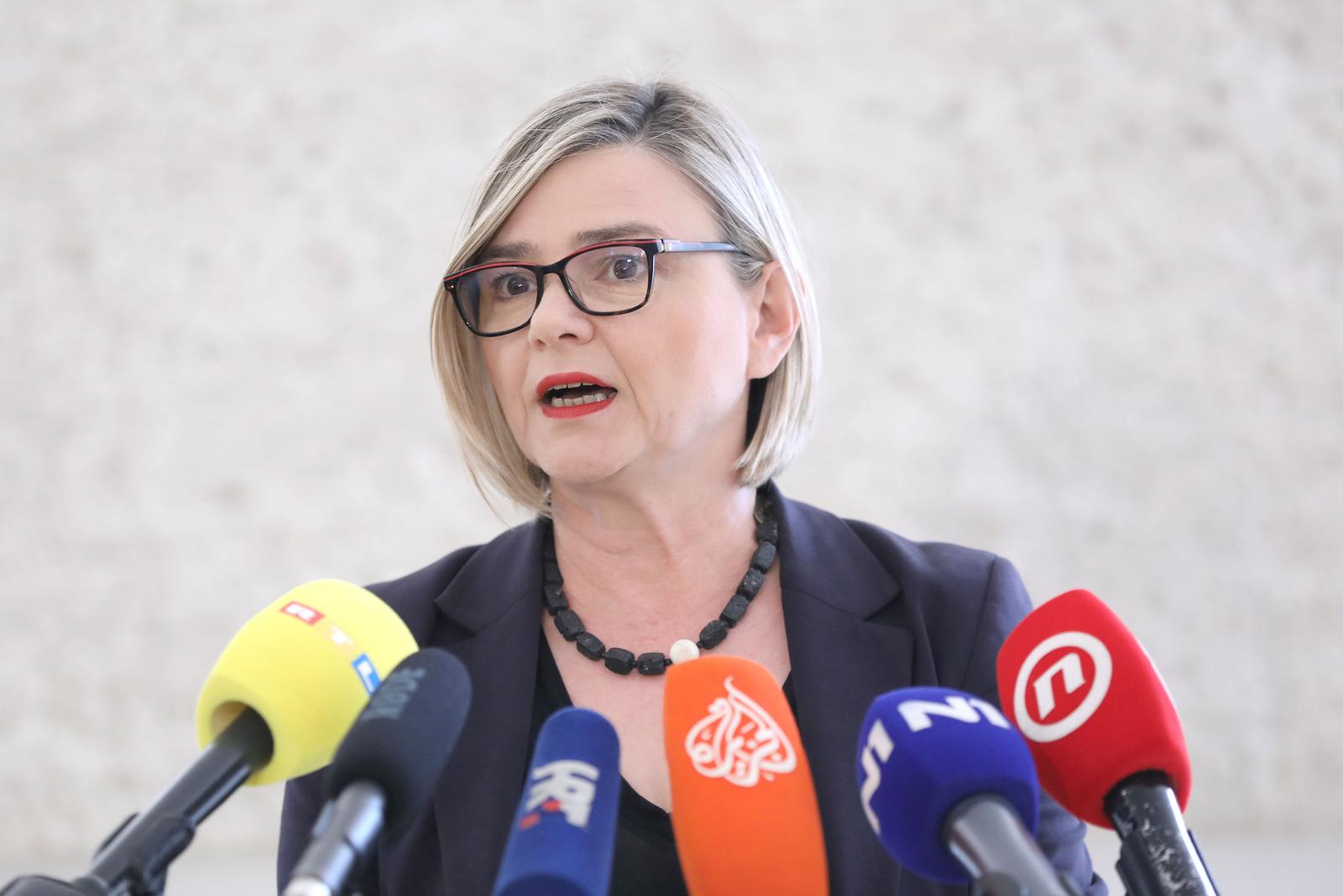 25.05.2023., Zagreb - Na konferenciji za medije odrzanoj u Saboru o prijedlogu zakona o izbornim jedinicama koji je danas predstavila Vlada  i drugim aktualnim temema govorila je Sandra Bencic. Photo: Patrik Macek/PIXSELL