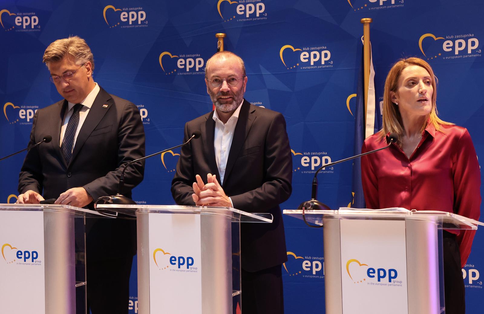 27.09.2023.-Split- Politicari najvece europske grupacije, Europske pucke stranke Manfred Weber, Roberta Martsola i premijer Andrej Plenkovic obratili su se medijima Photo: Ivana Ivanovic/PIXSELL
