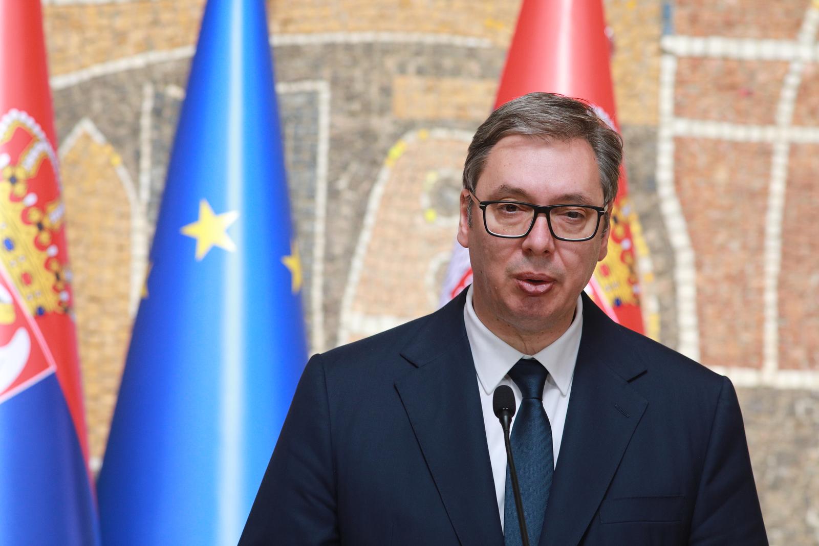 29, September, 2023, Belgrade - After the meeting as part of the initiative to establish the strategic security of the region in the field of energy, water supply, food industry and human resources, the President of the Republic of Serbia, Aleksandar Vucic, and the Prime Minister of Hungary, Viktor Orban, addressed the media at the Palace of Serbia. Aleksandar Vucic. Photo: Milos Tesic/ATAImages

29, septembar, 2023, Beograd - Nakon sastanka u okviru inicijative za uspostavljanje strateske bezbednosti regiona u oblasti energetike, vodosnabdevanja, prehrambene industrije i ljudskih resursa, predsednik Republike Srbije Aleksandar Vucic i predsednik Vlade Madjarske Viktor Orban obratili su se medijima u Palati Srbija. Photo: Milos Tesic/ATAImages Photo: Milos Tesic/PIXSELL