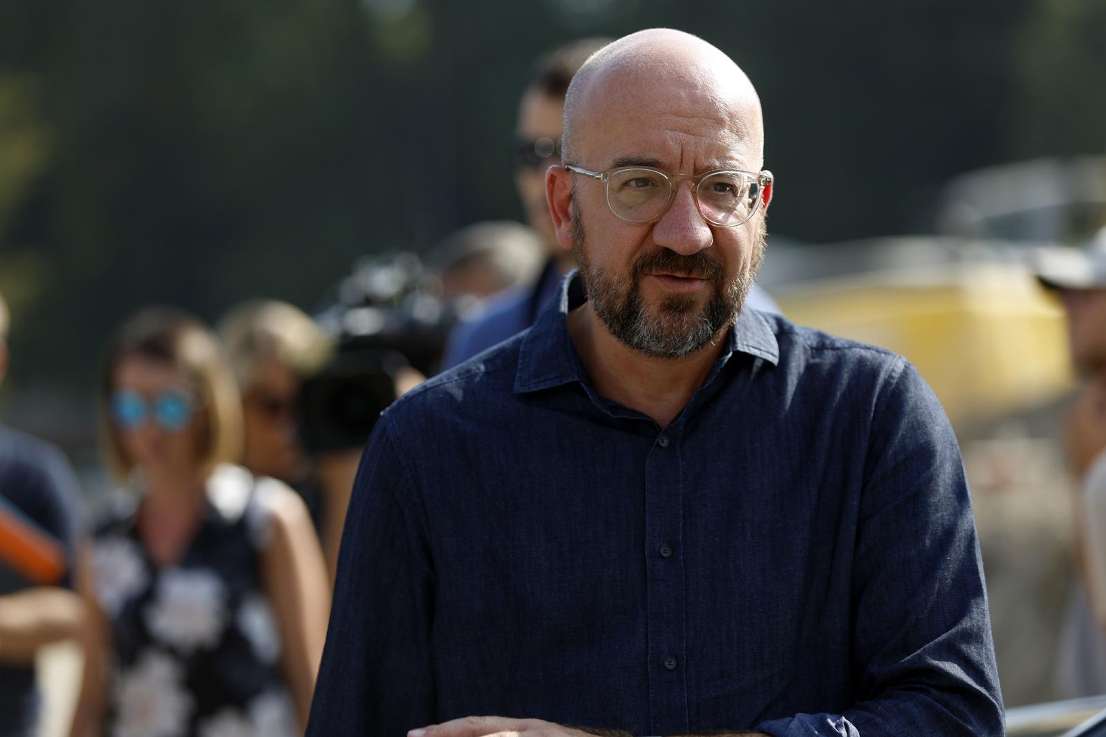 27.08.2023., Kamink, Slovenija - Predsjednik Europskog vijeca Charles Michel obisao je opcinu Kamik koja je stradala u poplavi. Photo: Borut Zivulovic/PIXSELL/F.A. BOBO