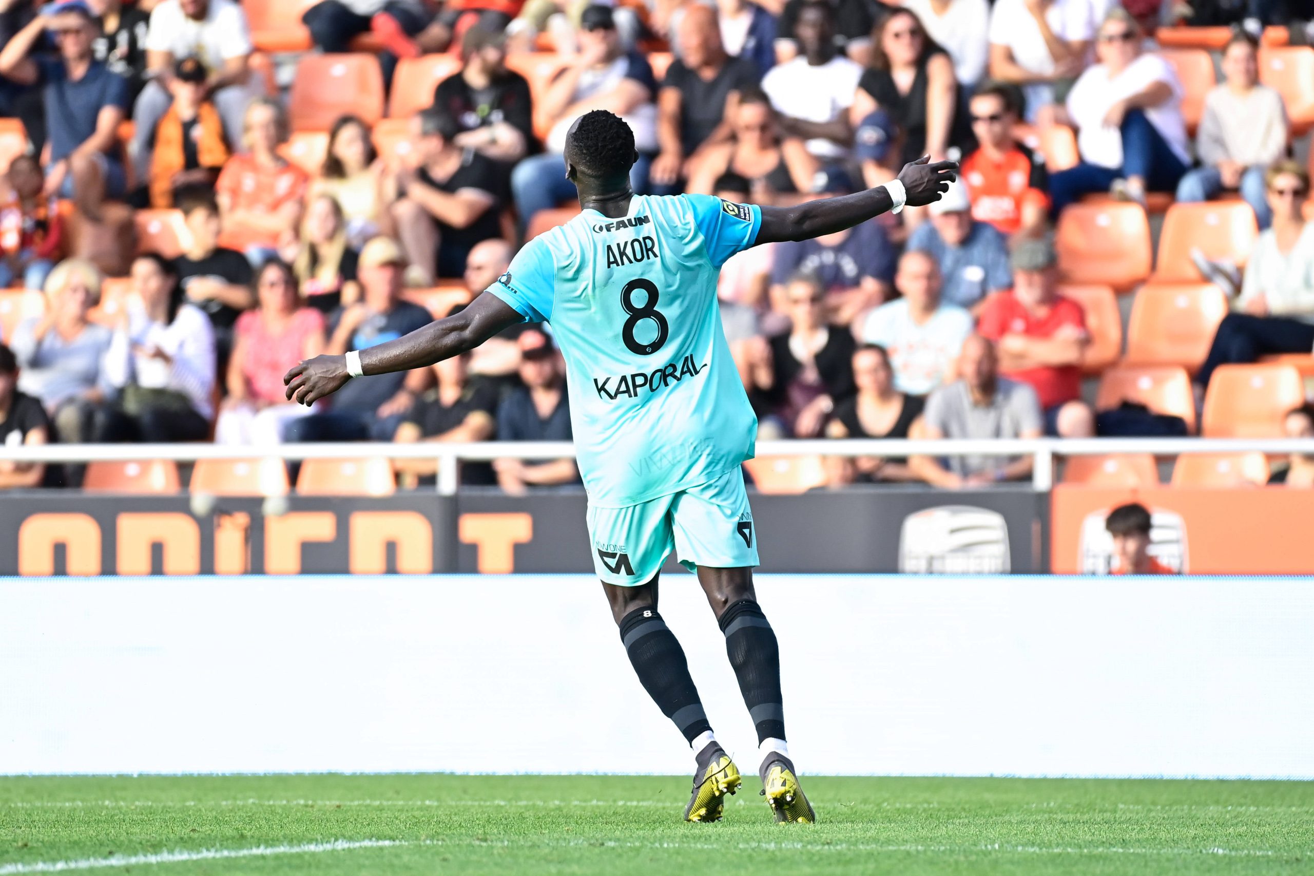 Attitude - Joie de Akor ADAMS  8 - Montpellier  - FOOTBALL : Lorient vs Montpellier - Ligue 1 - 01/10/2023 FedericoPestellini/Panoramic PUBLICATIONxNOTxINxFRAxBEL