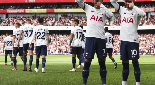 September 24, 2023, London: London, England, 24th September 2023. Son Heung-Min of Tottenham Hotspur (left) celebrates scoring their side's second goal of the game with James Maddison of Tottenham Hotspur (right) during the Premier League match at the Emirates Stadium, London. (Credit Image: Â© Kieran Cleeves/Sportimage/Cal Sport Media) (Cal Sport Media via AP Images)